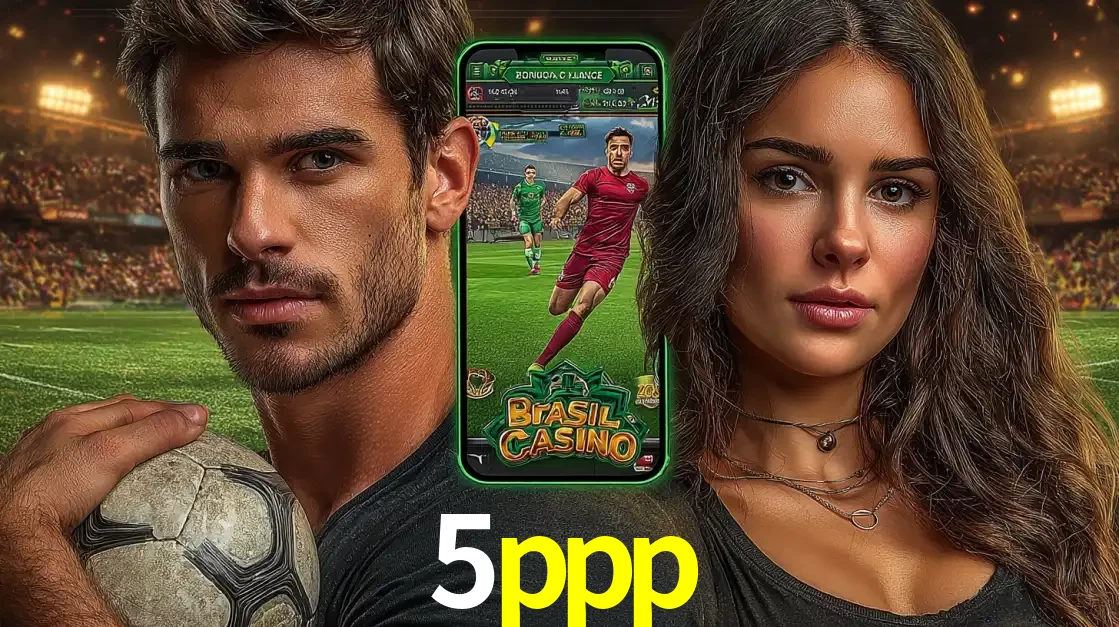 Homem segurando uma bola de futebol e uma mulher ao lado de um smartphone exibindo o jogo de apostas esportivas da 5ppp. Faça seu palpite no cassino online.